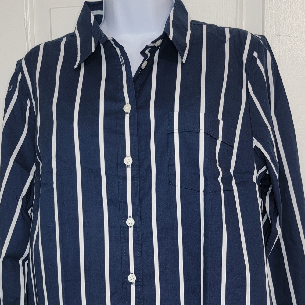 J Crew Factory Navy and White Striped Women's Button-Down Shirt Size L NWT - Picture 2 of 10